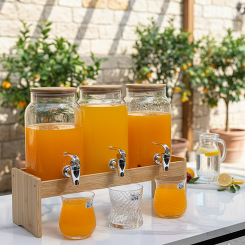 Image of ديسبنسر عصائر زجاج بحامل خشبي