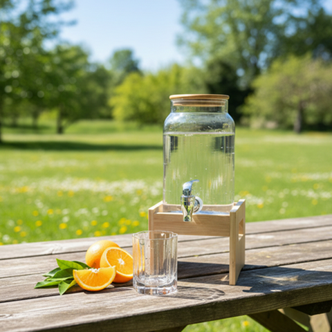 Image of ديسبنسر عصائر زجاج بحامل خشبي