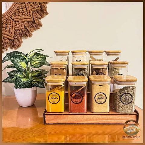 Image of طقم برطمانات 12 قطعة + سلم خشب