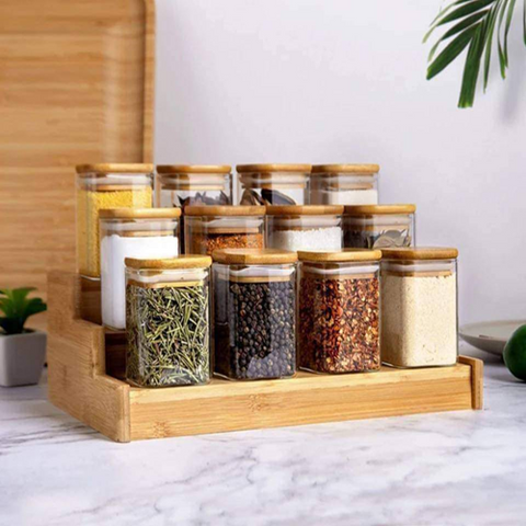 Image of طقم برطمانات 12 قطعة + سلم خشب