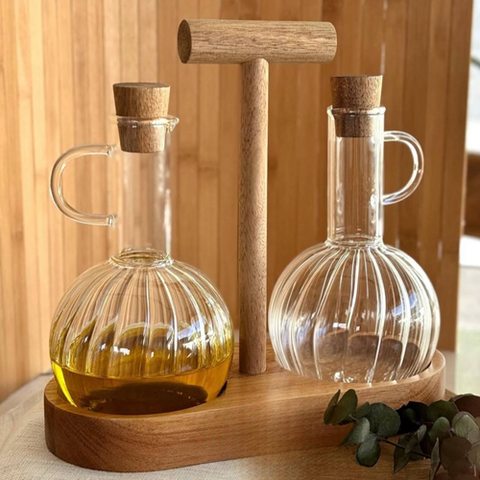 Image of طقم زياتة زجاج بحامل خشب