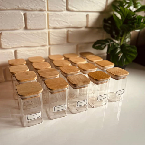 Image of طقم برطمانات 12 قطعة + سلم خشب