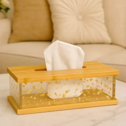 علبة مناديل أكليريك بغطاء خشبي