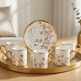 طقم فناجين فلوري 6 قطع بالطبق