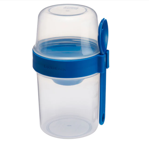 لوك اند لوك 2 علبة بلاستيك بغطاء واحد مشترك وشوكة ومعلقة