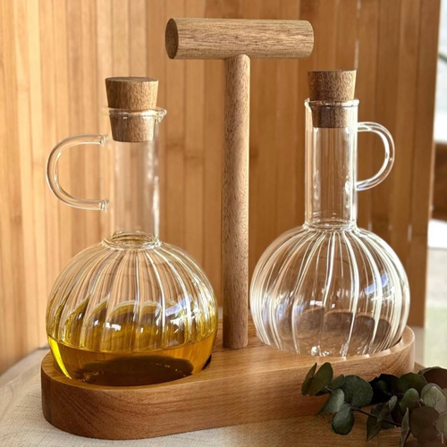 طقم زياتة زجاج بحامل خشب
