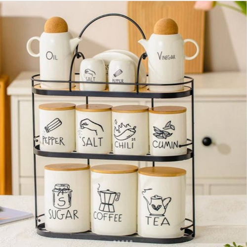 طقم توابل 12 قطعة بورسلين + حامل معدن