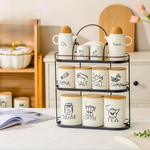 طقم توابل 12 قطعة بورسلين + حامل معدن