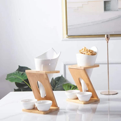 حامل بورسلين للبطاطس + 2 بولة للصوصات