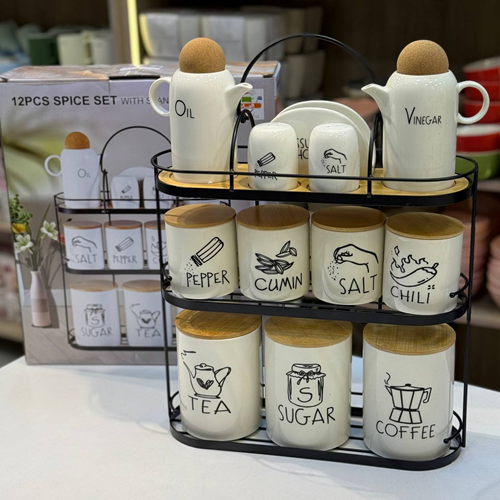 طقم توابل 12 قطعة بورسلين + حامل معدن