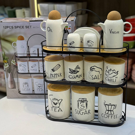 طقم توابل 12 قطعة بورسلين + حامل معدن