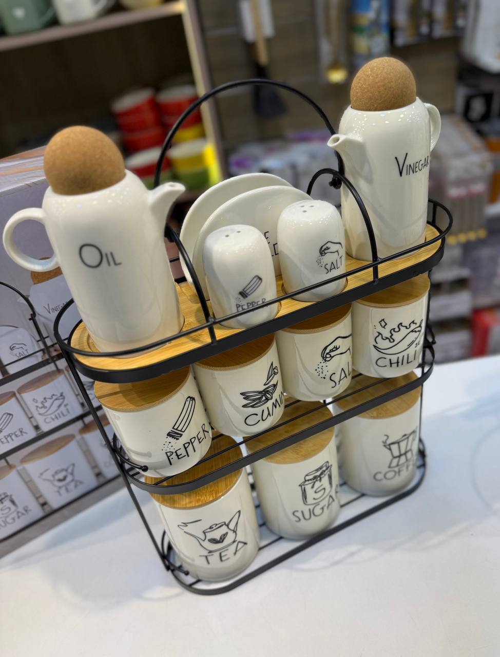 طقم توابل 12 قطعة بورسلين + حامل معدن