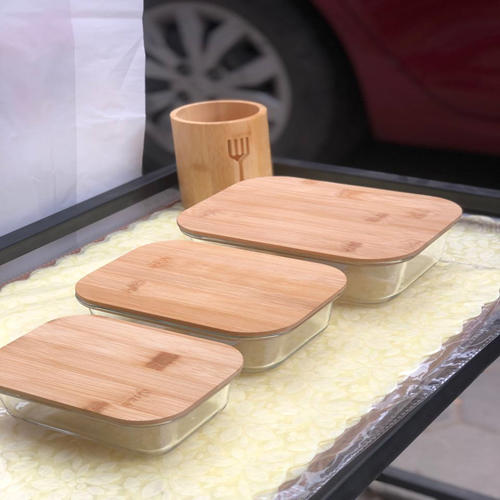 طقم طواجن بايركس بغطاء خشب 3 قطع