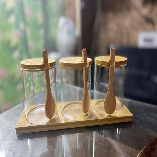 طقم توابل زجاج بقاعدة خشبية