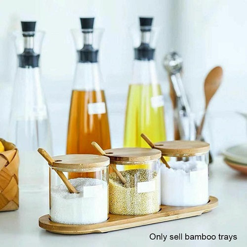 طقم توابل زجاج بقاعدة خشبية