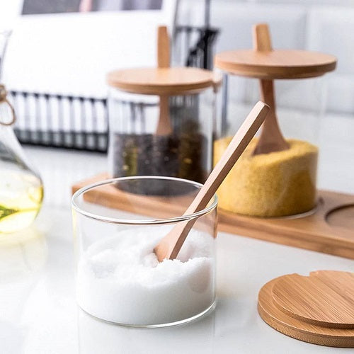 طقم توابل زجاج بقاعدة خشبية